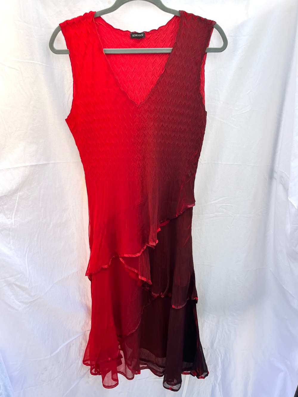 Komarov Dip-Dye Red Sleeveless V-Neck Layered Midi Dress Size Medium